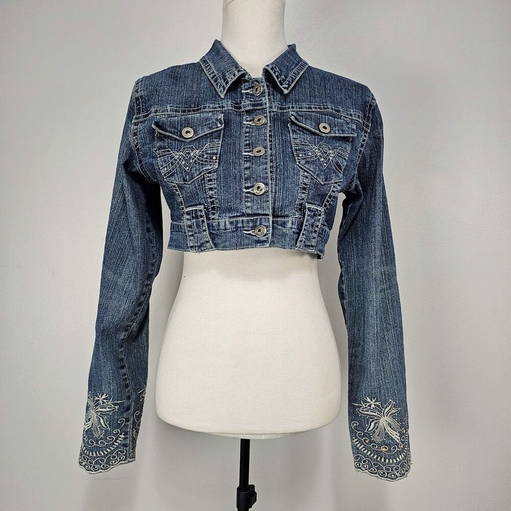 Vintage Apollo Denim Cropped Jacket Size M Y2K Embroidered Boho Blue Jean Shrug - Picture 3 of 8